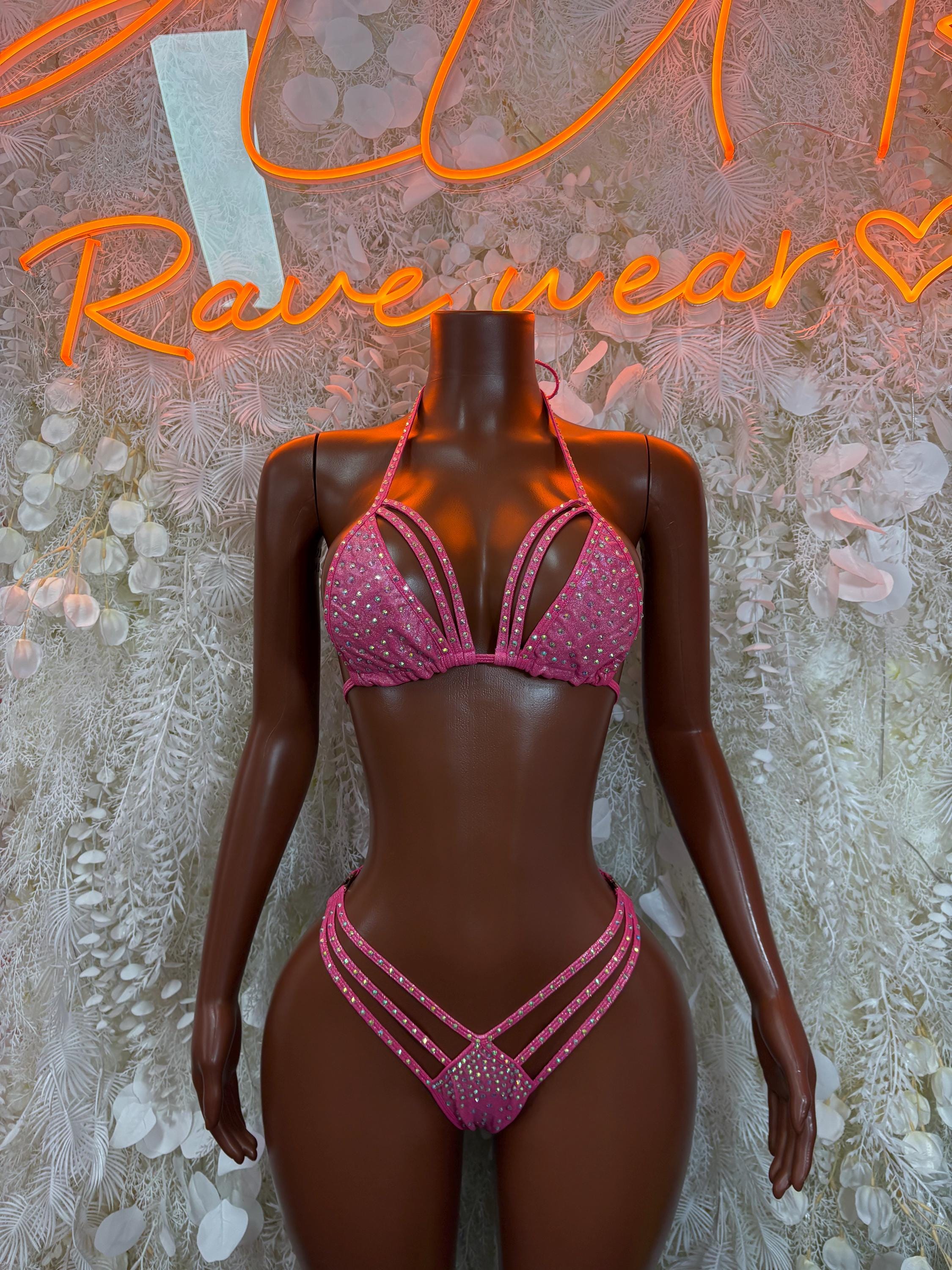 Pink rhinestone two-piece bikini set with triangle bra and strappy hip bottoms