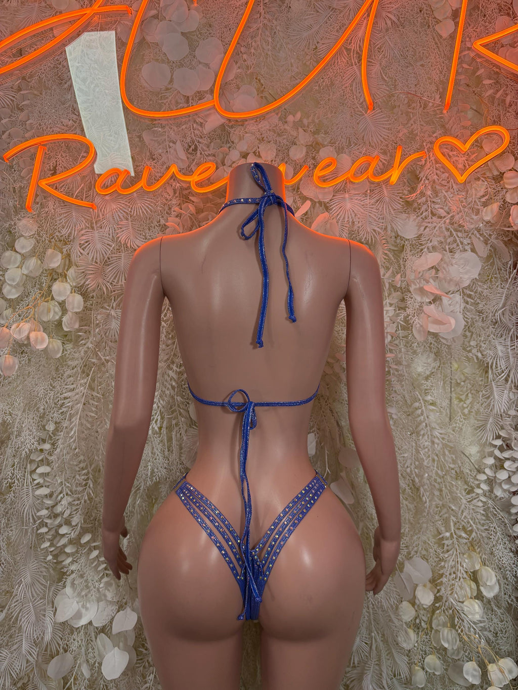Blue rhinestone bikini set with crisscross back ties and high-rise bottoms