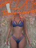 Blue rhinestone bikini set: triangle bra and high-rise bottoms