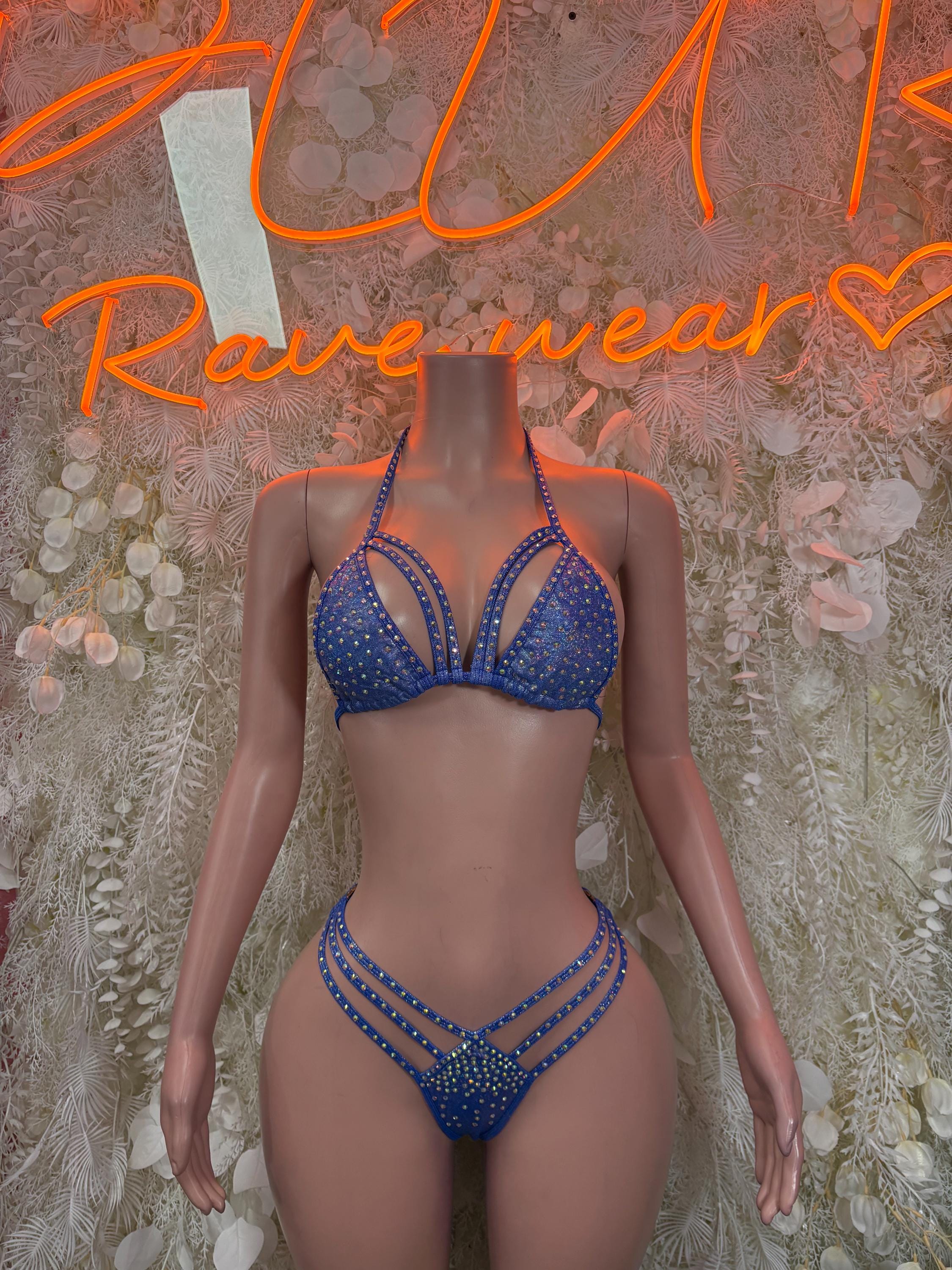 Blue rhinestone bikini set: triangle bra and high-rise bottoms