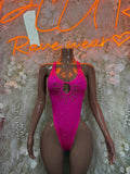 Pink rhinestone festival one-piece bodysuit with round keyhole chest cutout