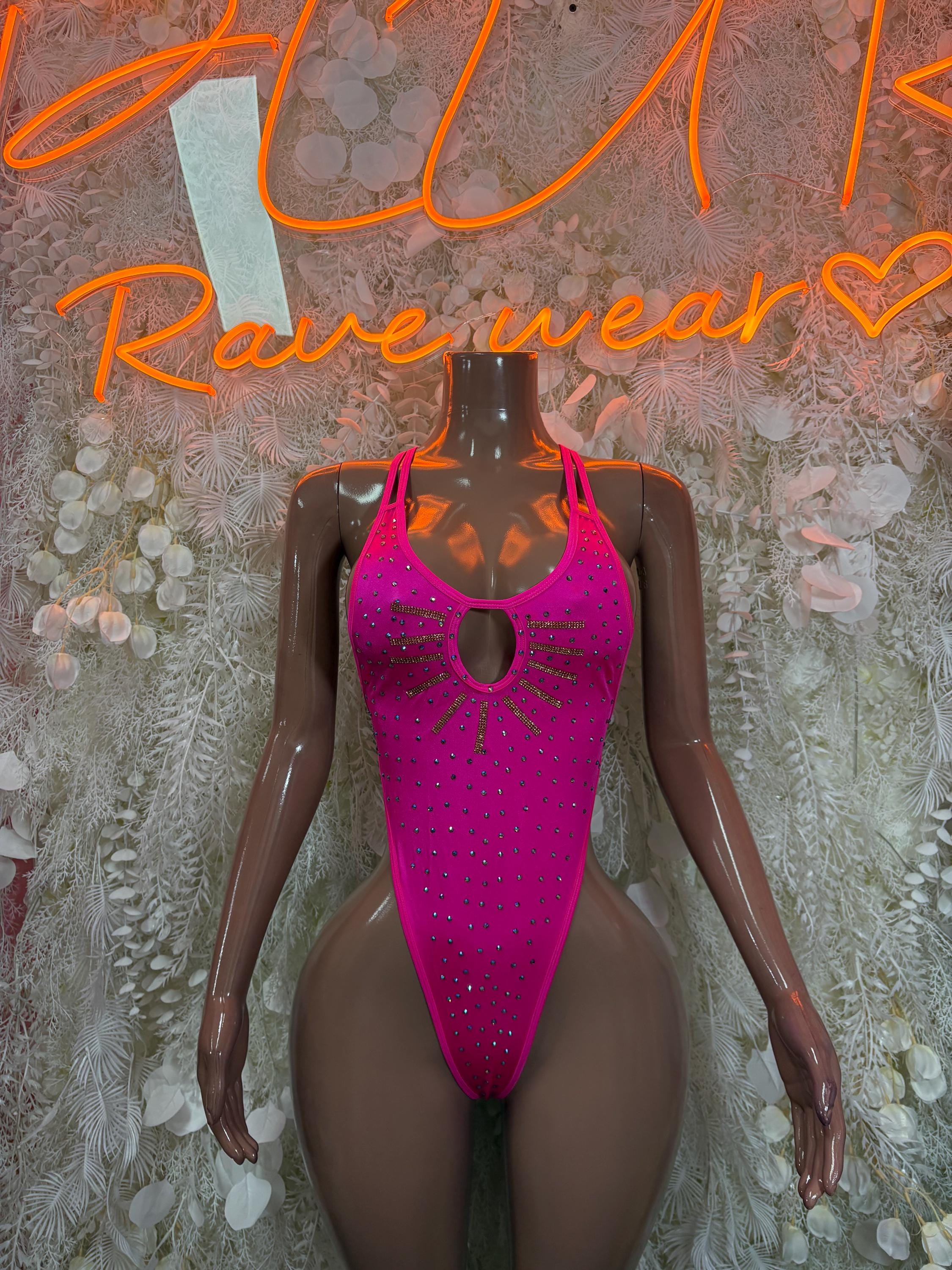 Pink rhinestone festival one-piece bodysuit with round keyhole chest cutout