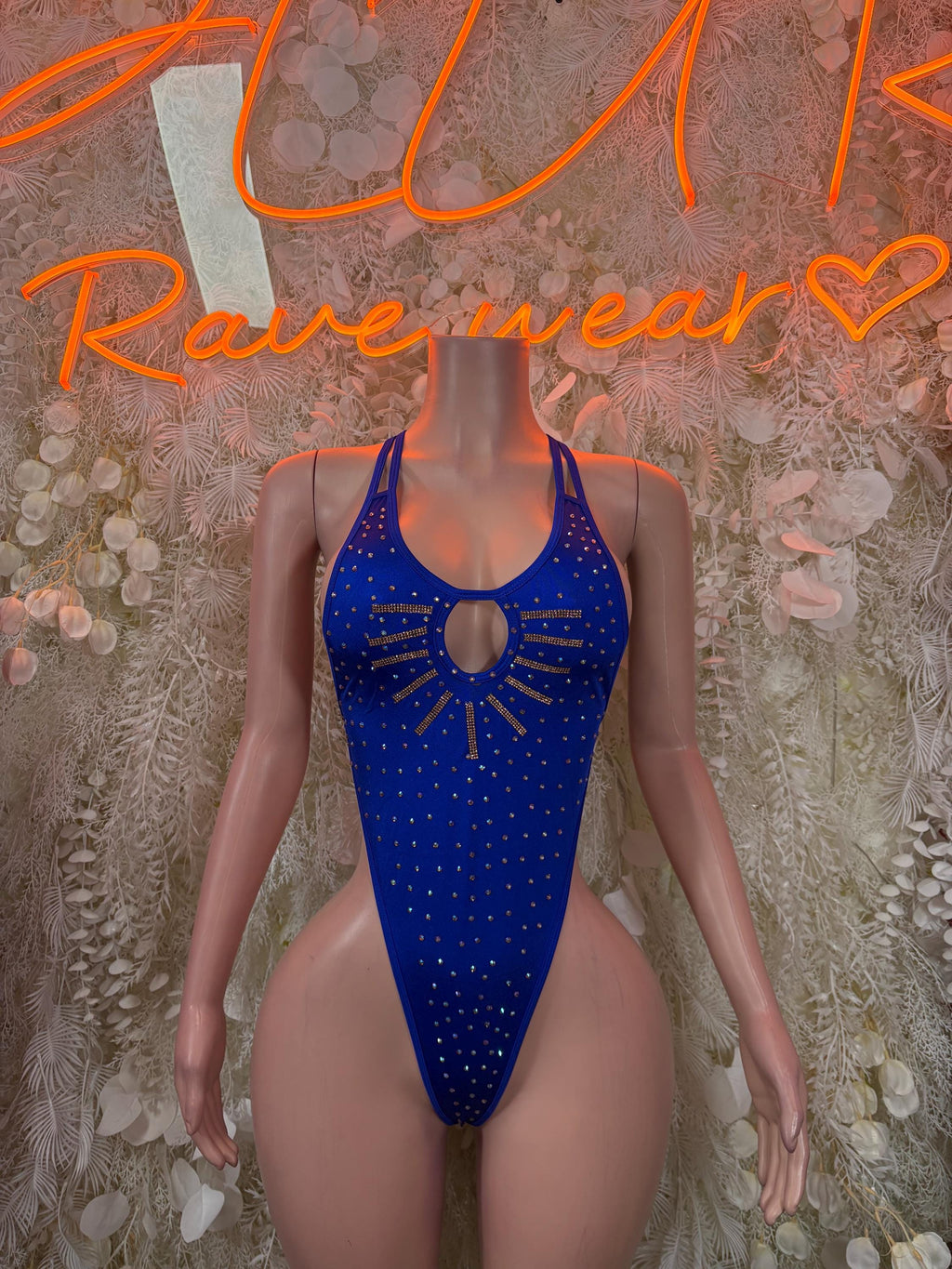 Blue rhinestone bodysuit with oval chest cutout and scoop neckline straps