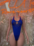 Blue rhinestone bodysuit with oval chest cutout and scoop neckline straps