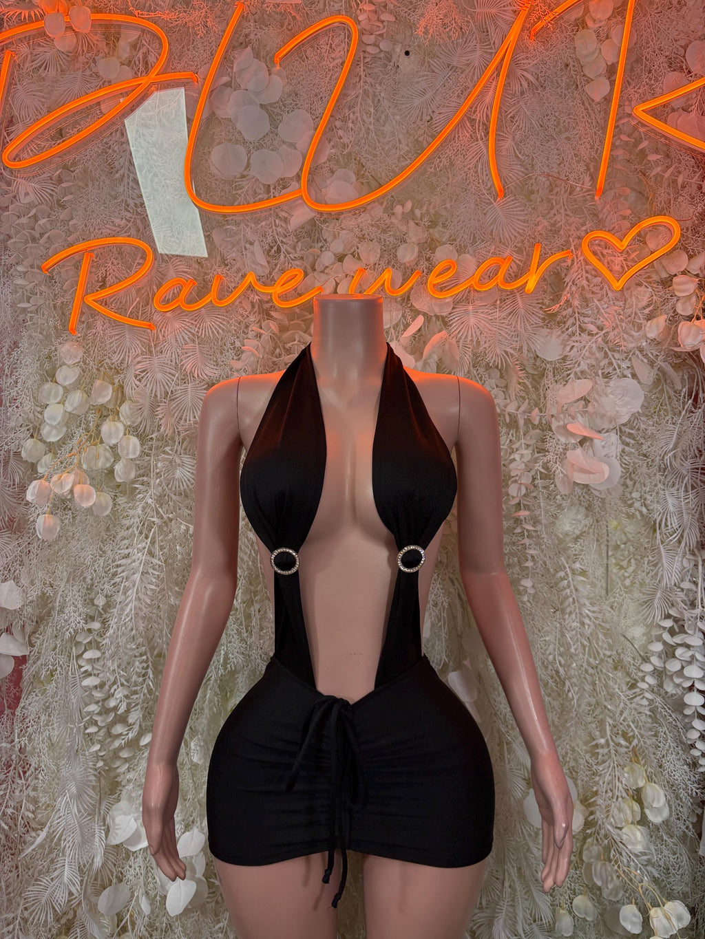 Black halter rave dress with deep plunging neckline and O-ring straps