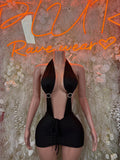 Black halter rave dress with deep plunging neckline and O-ring straps