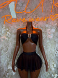 Black rave skirt set with dark halter bra top and layered mesh ruffle skirt