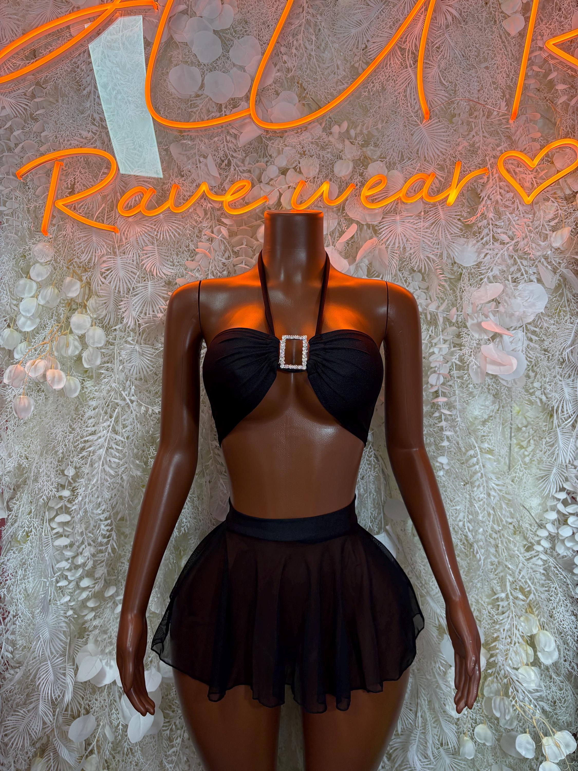 Black rave skirt set with dark halter bra top and layered mesh ruffle skirt