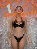 Black rhinestone halter bikini top with matching thong bikini bottoms, front view