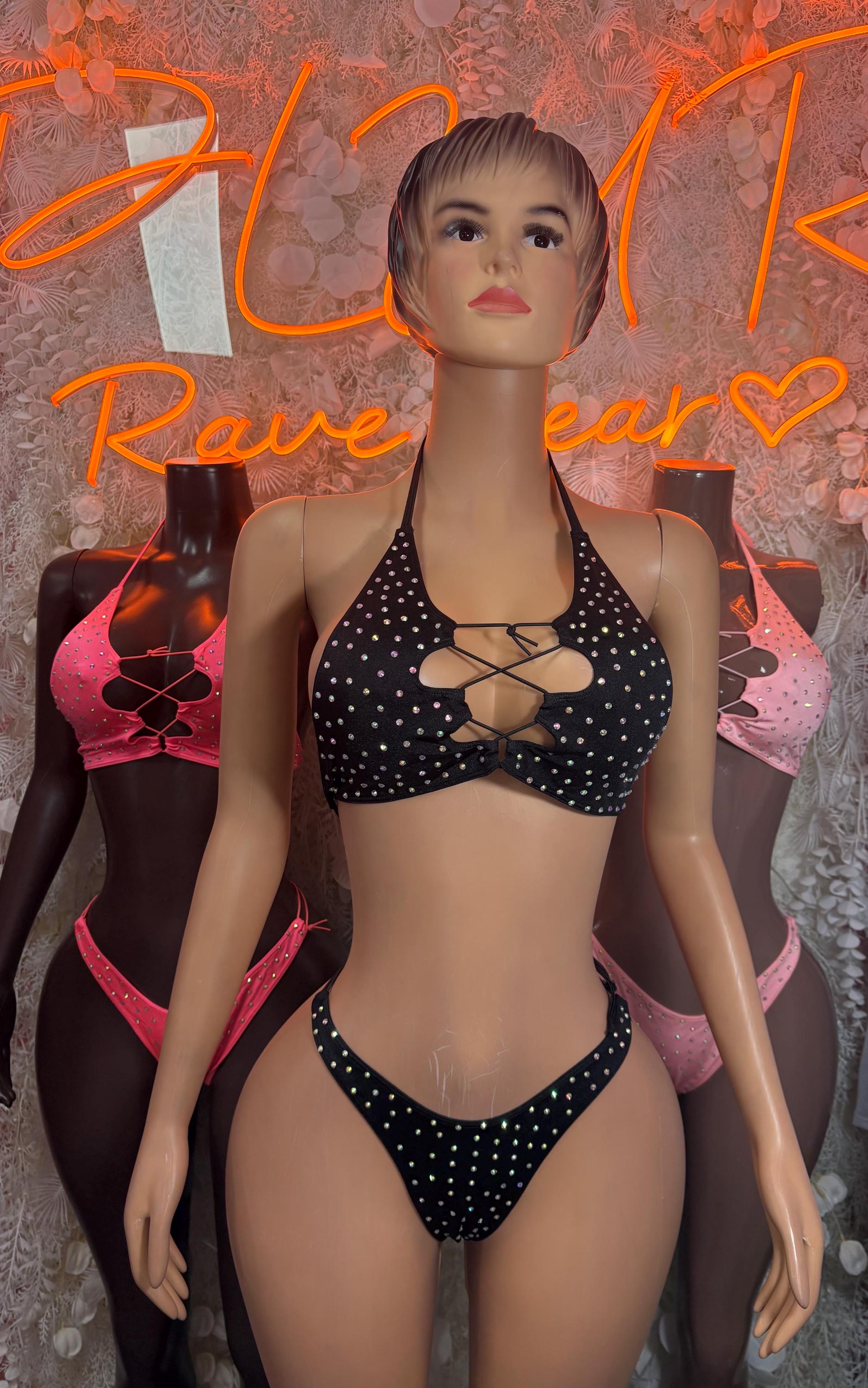 Rhinestone coral bikini set on model, jeweled lace-up bra and matching bikini bottoms