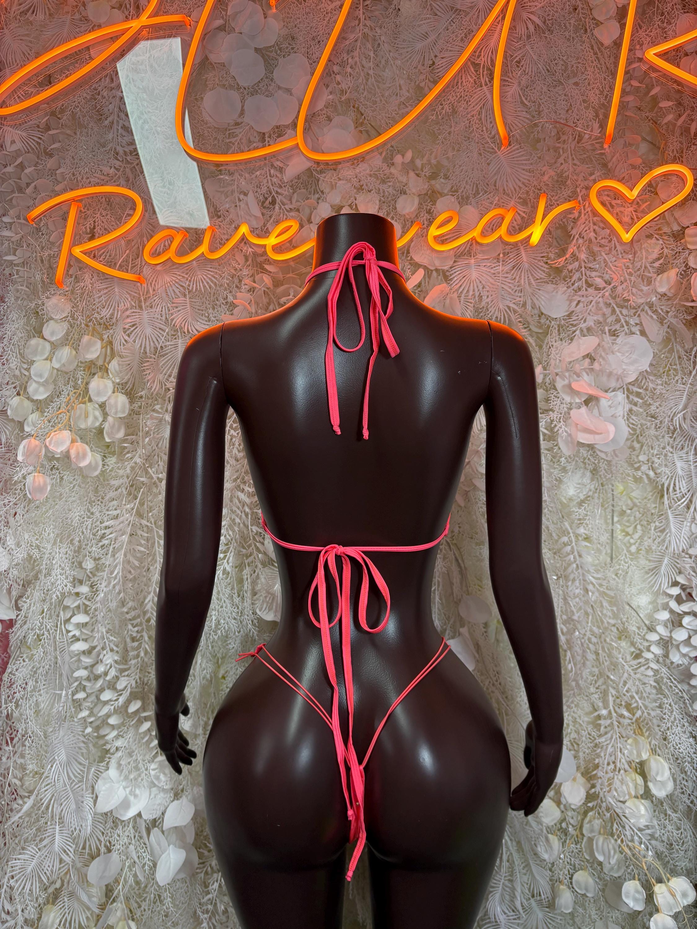 Rhinestone coral bikini set with crisscross back ties and matching bikini thong bottoms
