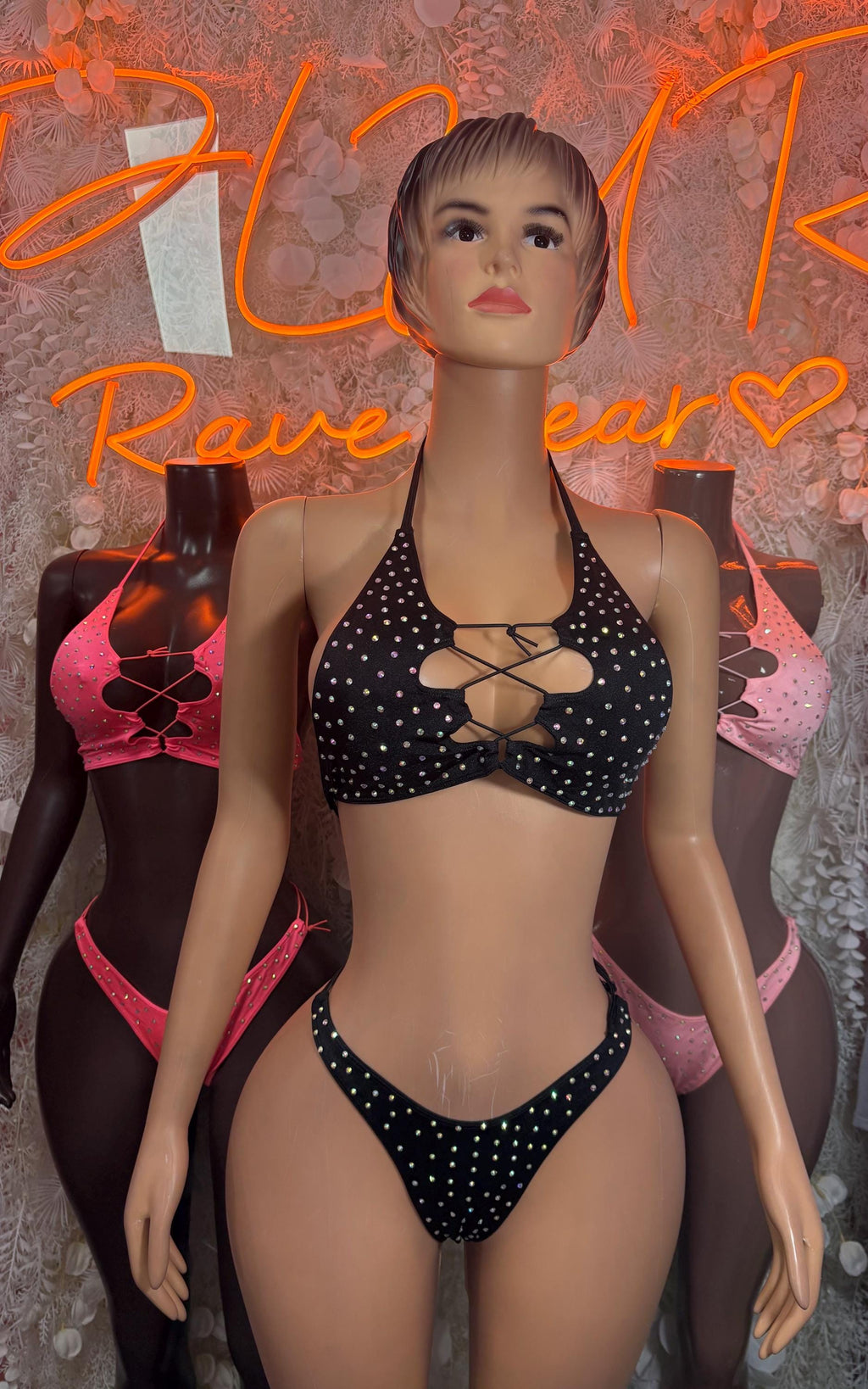 Black rhinestone bikini set with lace-up front cutout, matching bottoms