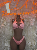 Pink rhinestone bikini set with lace-up cutout at front, matching thong bottoms