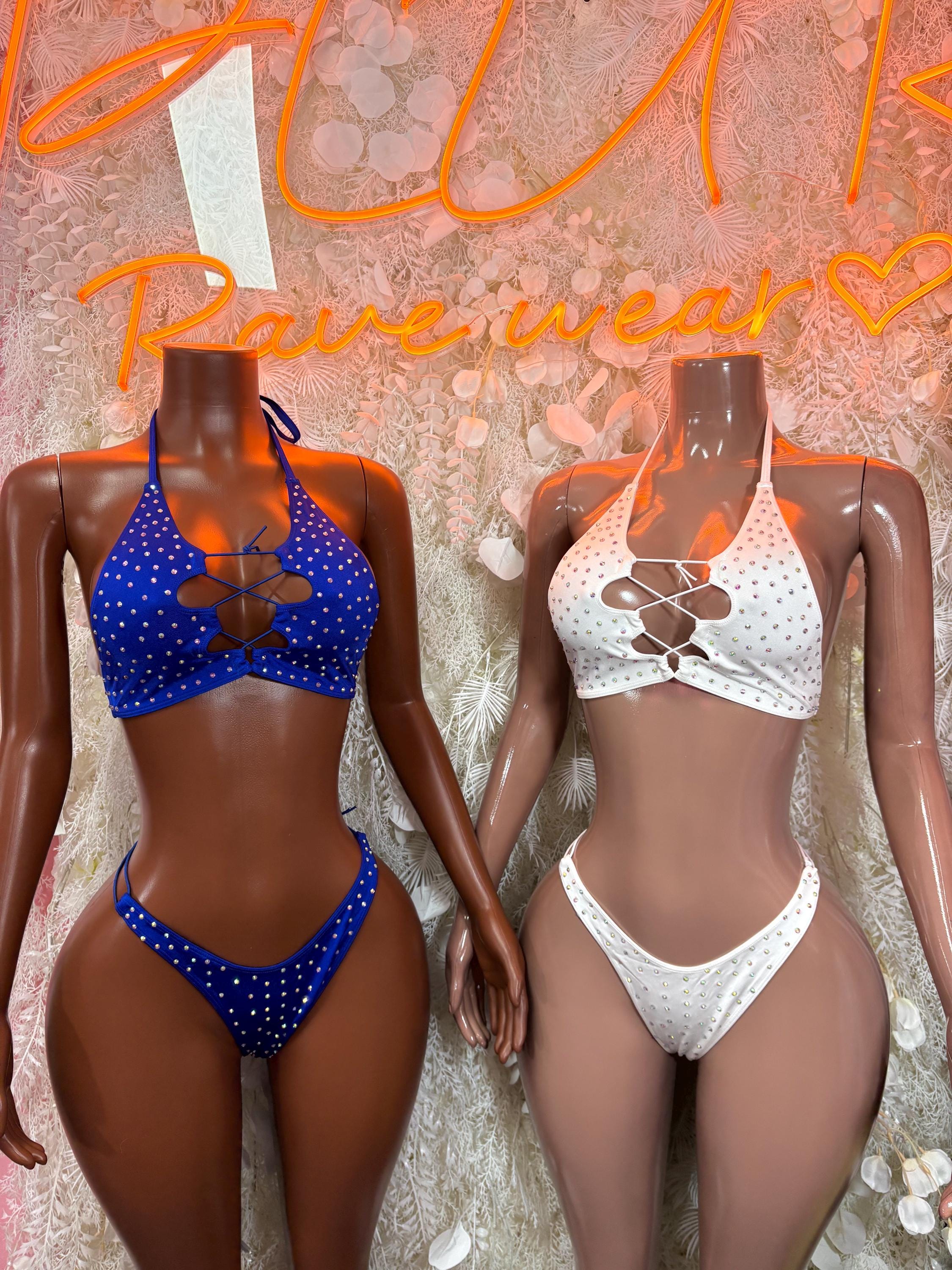 Rhinestone bikini set pair: blue and white halter tops with tie straps, back-to-back.