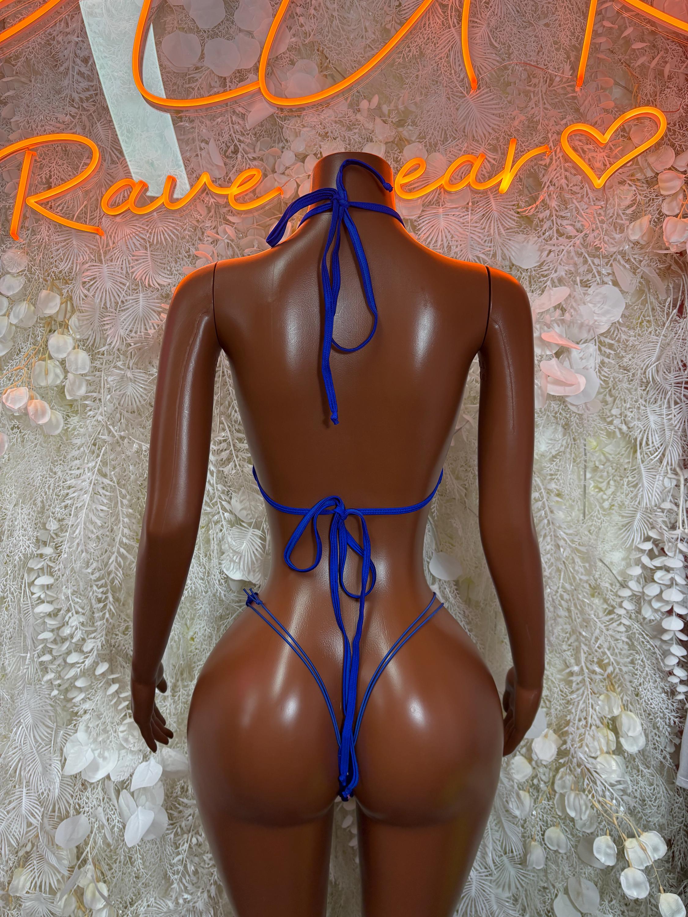 Blue rhinestone bikini set, open-back halter with tie straps, back view.