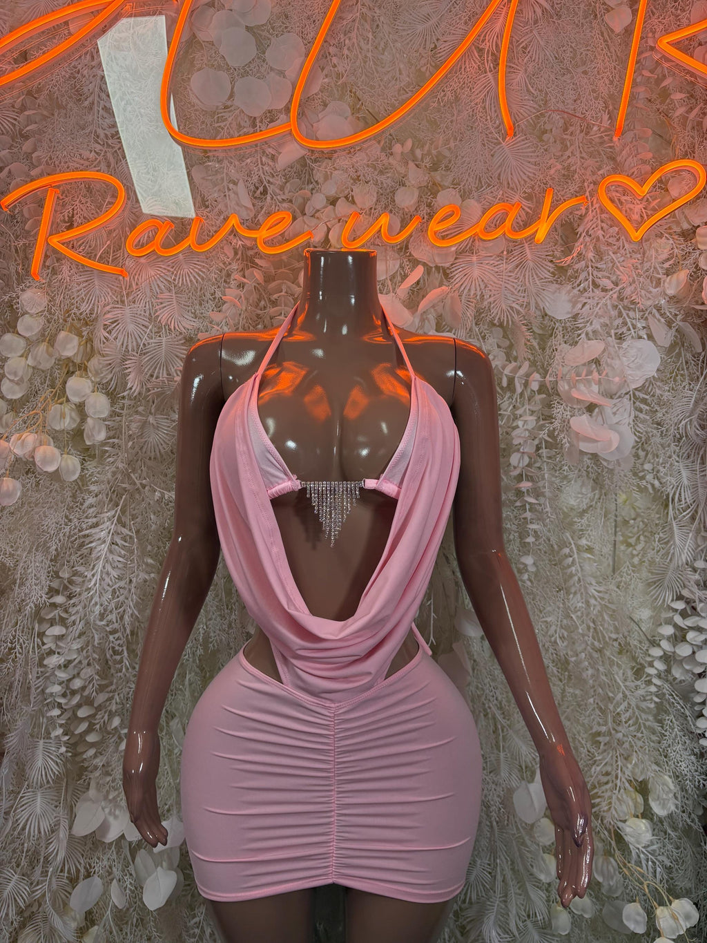 Pink halter mini dress with draped cowl neckline and ruched skirt