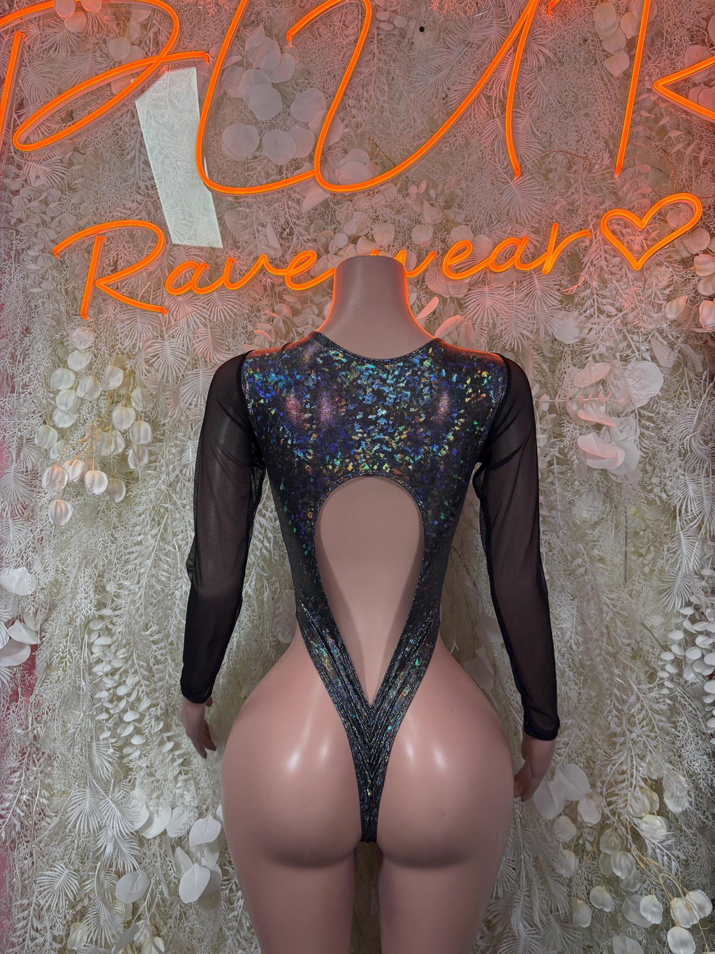 Black metallic bodysuit with long sheer sleeves and back keyhole cutout