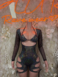 Bottlegirl Outfit Black Metallic Bodysuit - Bottle Service Bartender One Piece, Rave Festival Clubwear