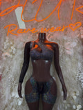 Black metallic blue bodysuit with halter top and cutout back, thong one-piece