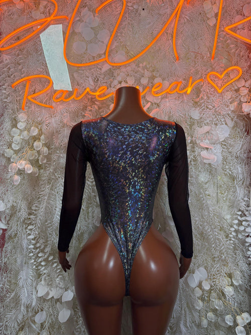 Back view metallic blue bodysuit with lace-up neckline and long sheer sleeves