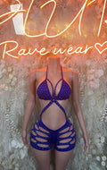 Blue rhinestone festival bodysuit with halter straps and cutout high-leg shorts