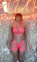 Coral pink halter bodysuit with rhinestone-style trim and cutout shorts front