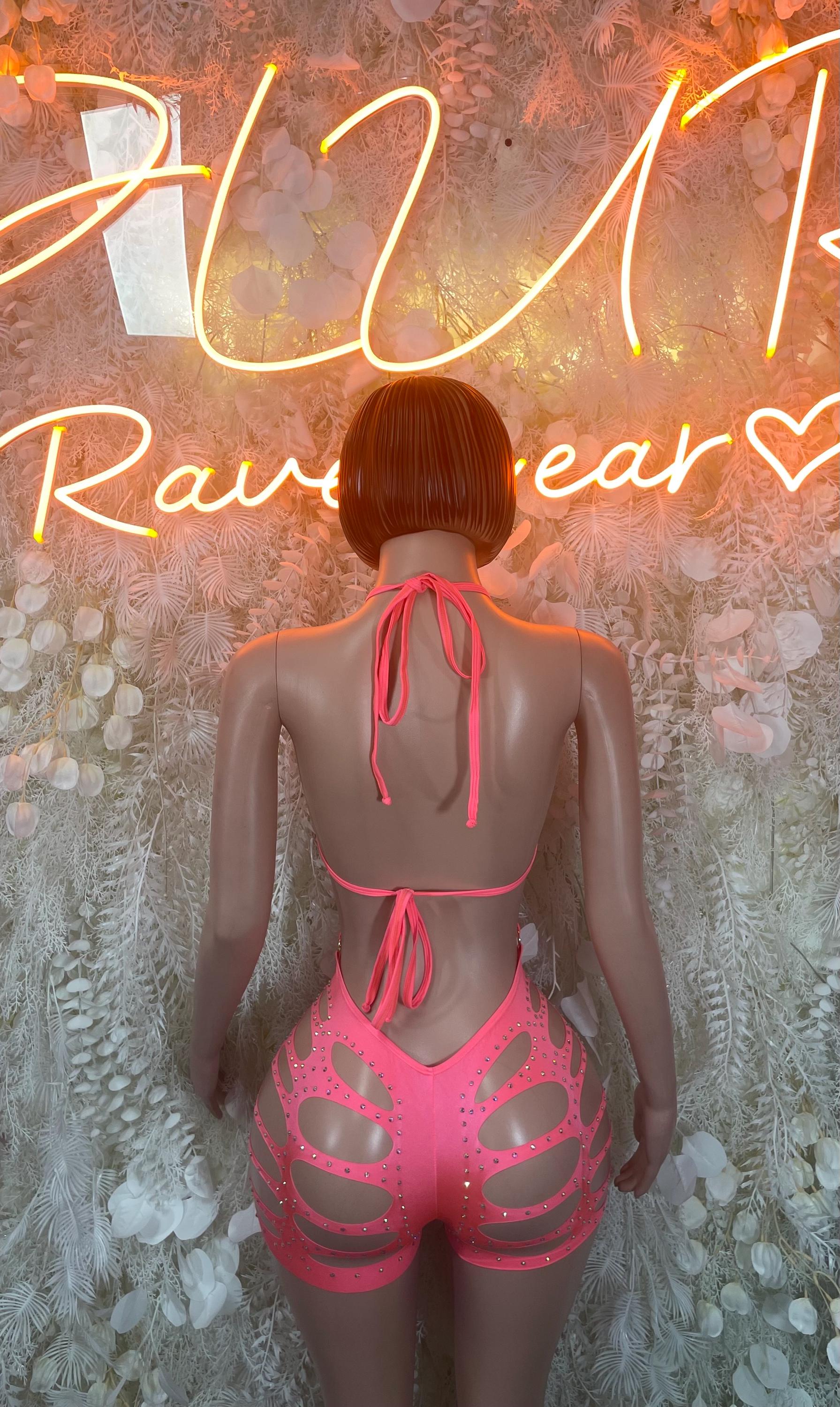 Coral pink halter bodysuit back with crisscross straps and cutout short panels