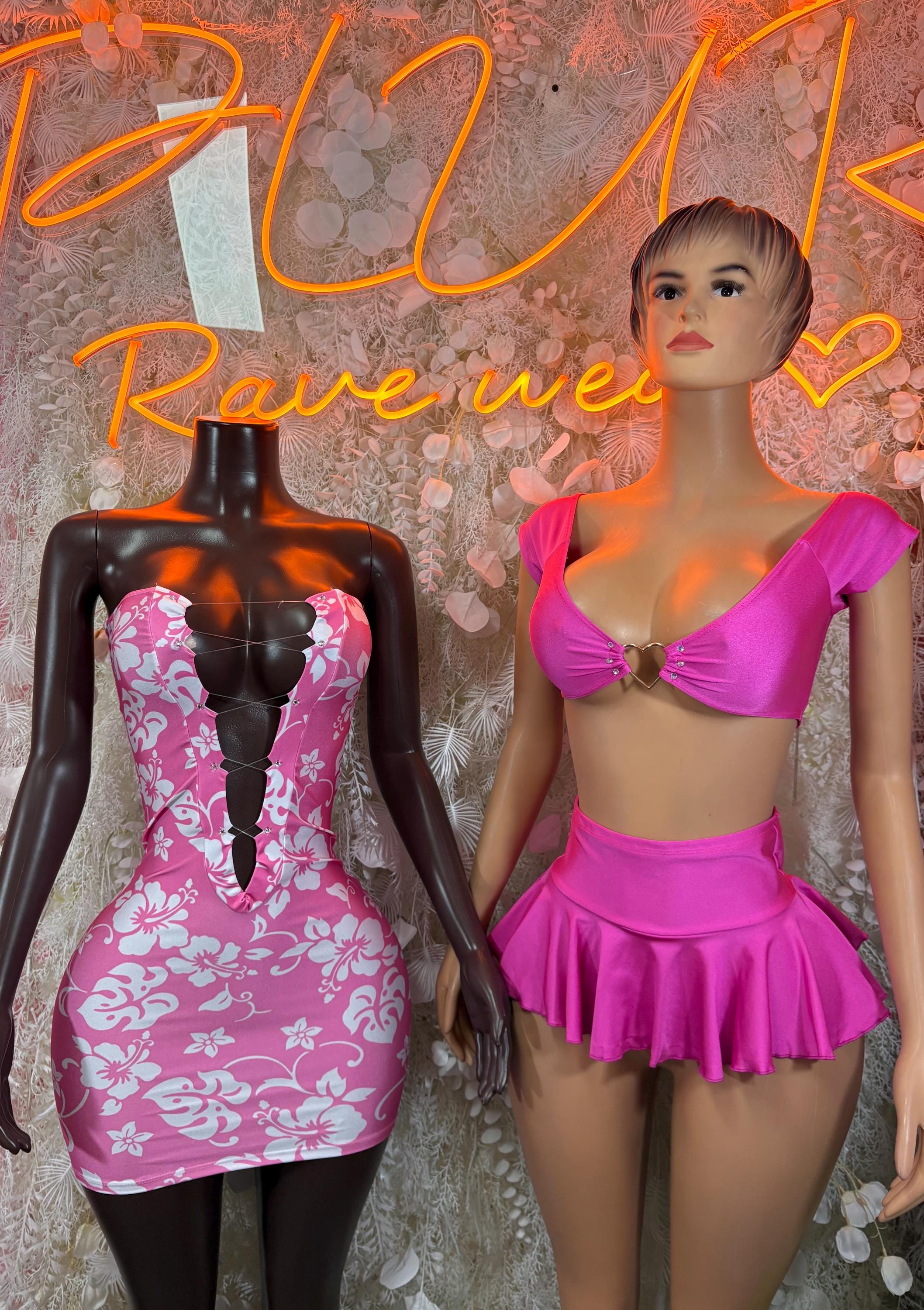 Pink mini ruffle dress with bow-front bodysuit top