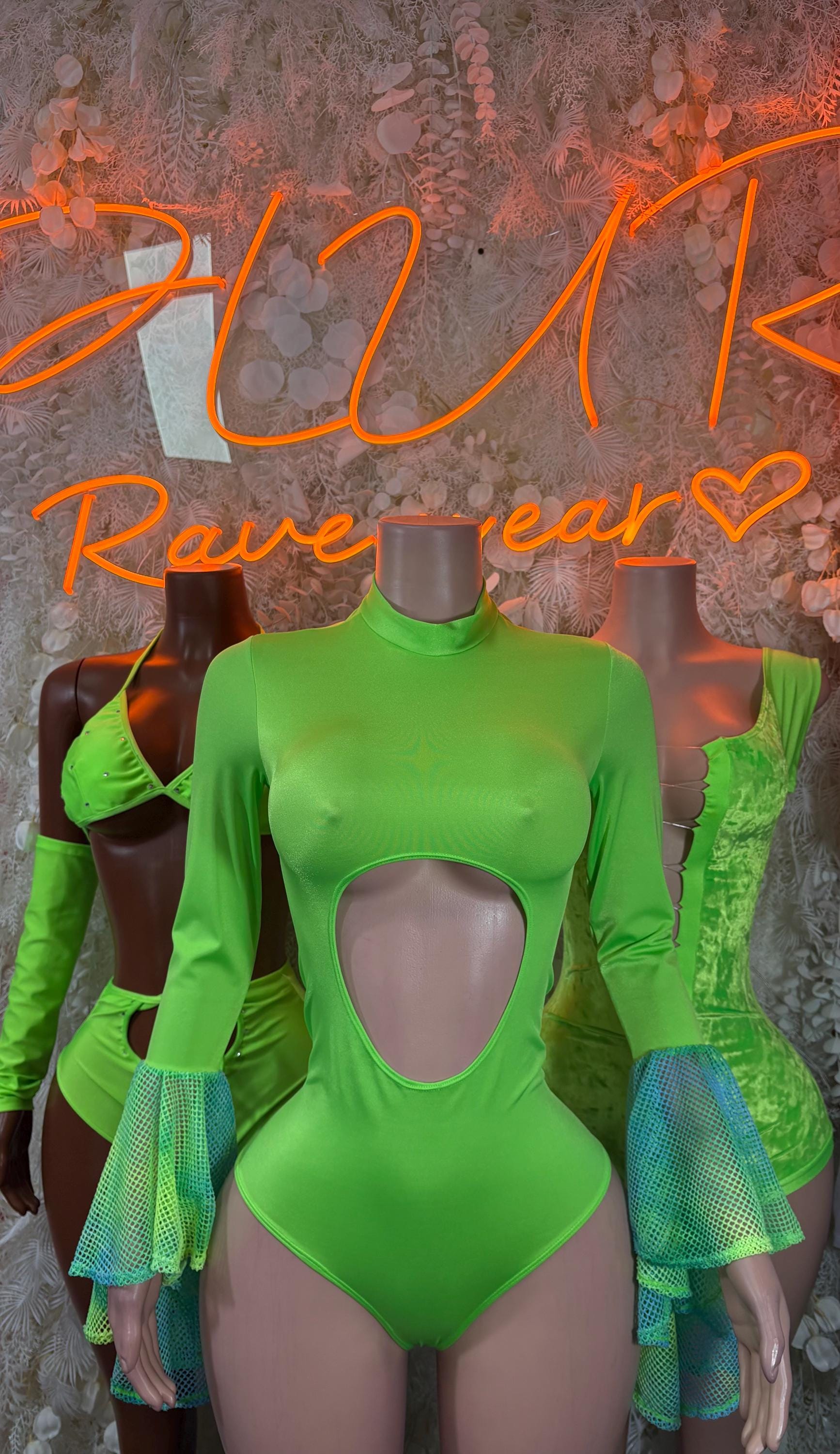 Neon green sleeved rave bodysuit with round chest cutout and mesh skirt overlay