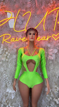 Neon green long-sleeve bodysuit with open chest cutout and crisscross straps
