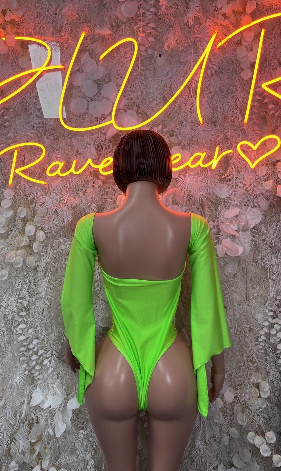 Neon green rave bodysuit back view with open oval cutout and long flare sleeves