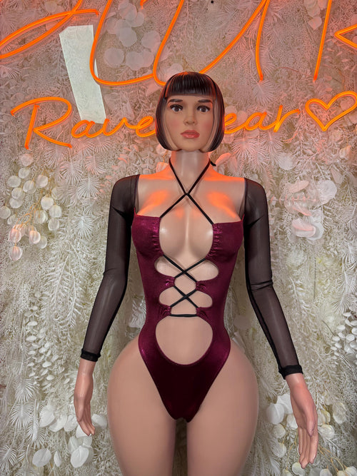 Maroon high-cut bodysuit with crisscross lace-up front and long black mesh sleeves