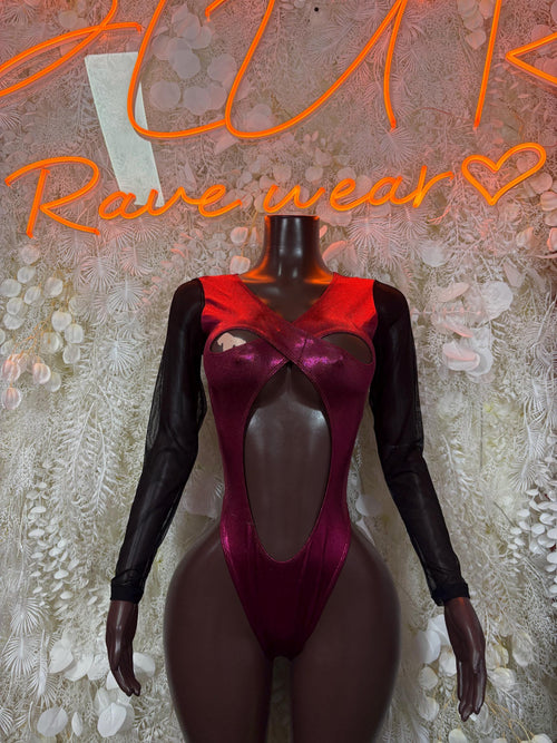 Maroon glossy dance bodysuit with long sheer black sleeves and deep front cutout