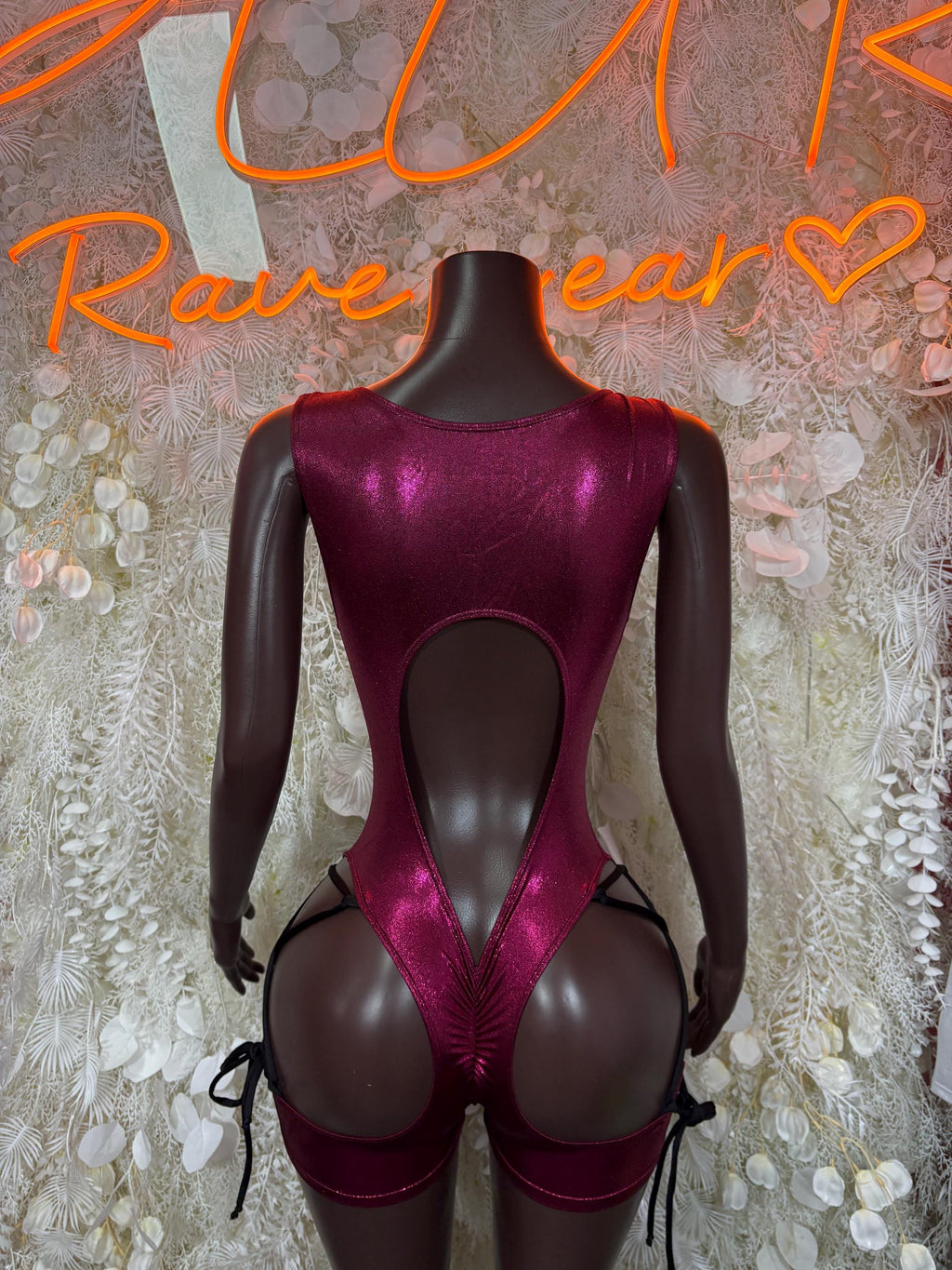 Burgundy long-sleeve bodysuit with deep V back and center teardrop cutout