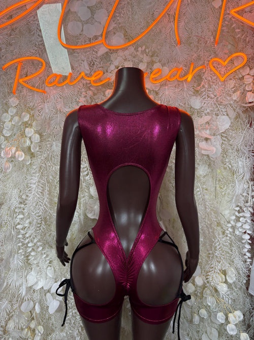 Burgundy long-sleeve bodysuit with deep V back and center teardrop cutout