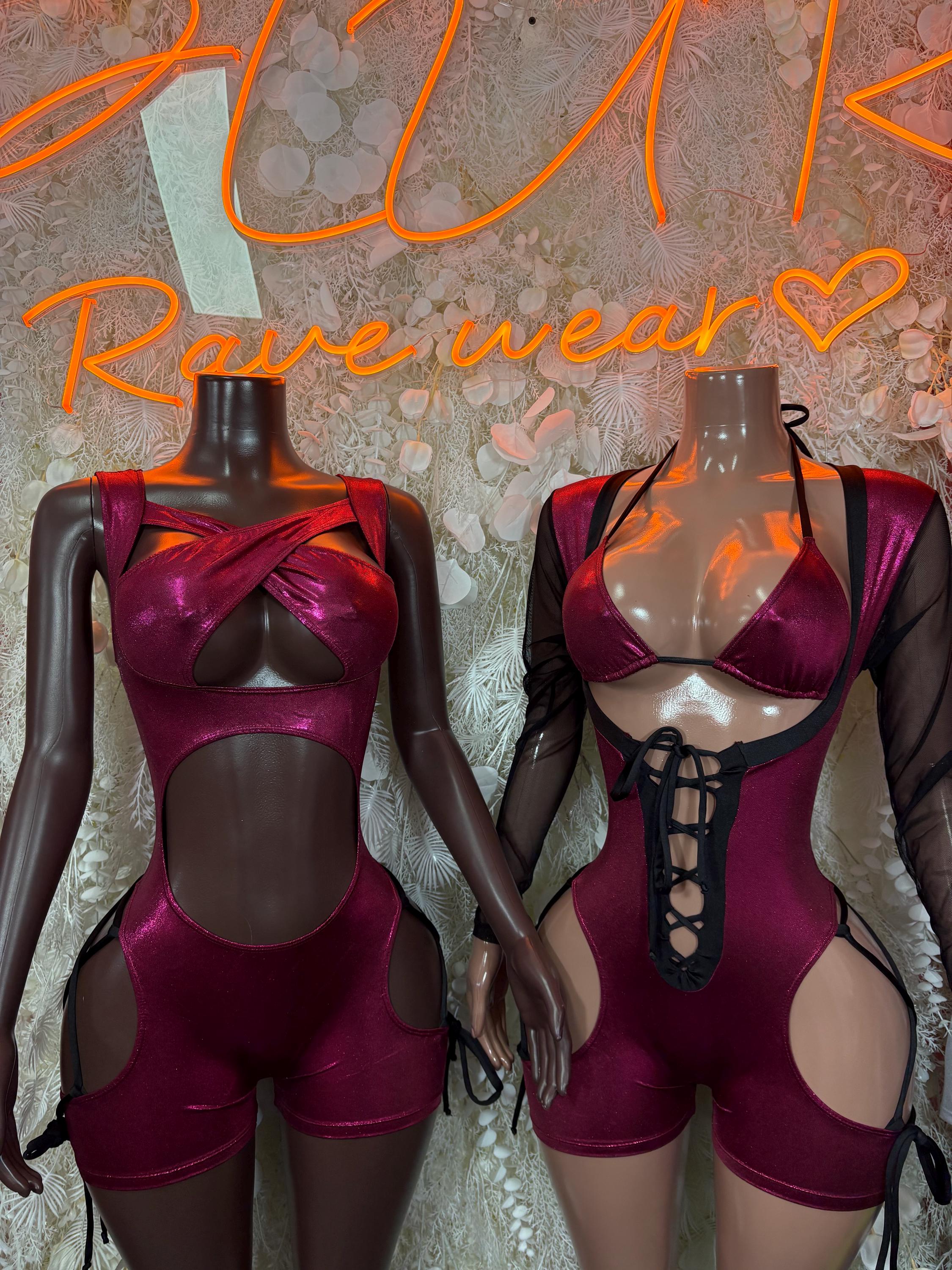 Pair of burgundy glossy bodysuits with bra cups, matching shorts, and lace-up back