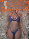 Blue rhinestone bikini set with triangle bra and high-cut thong bottoms