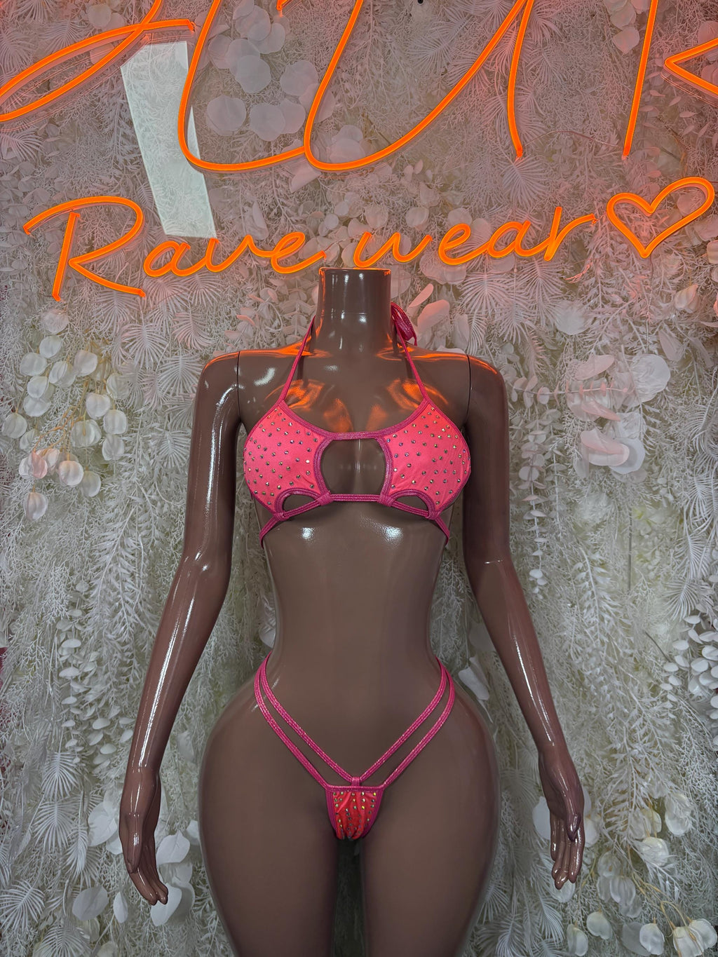Coral rhinestone bikini set with strappy triangle bra and matching thong bottoms