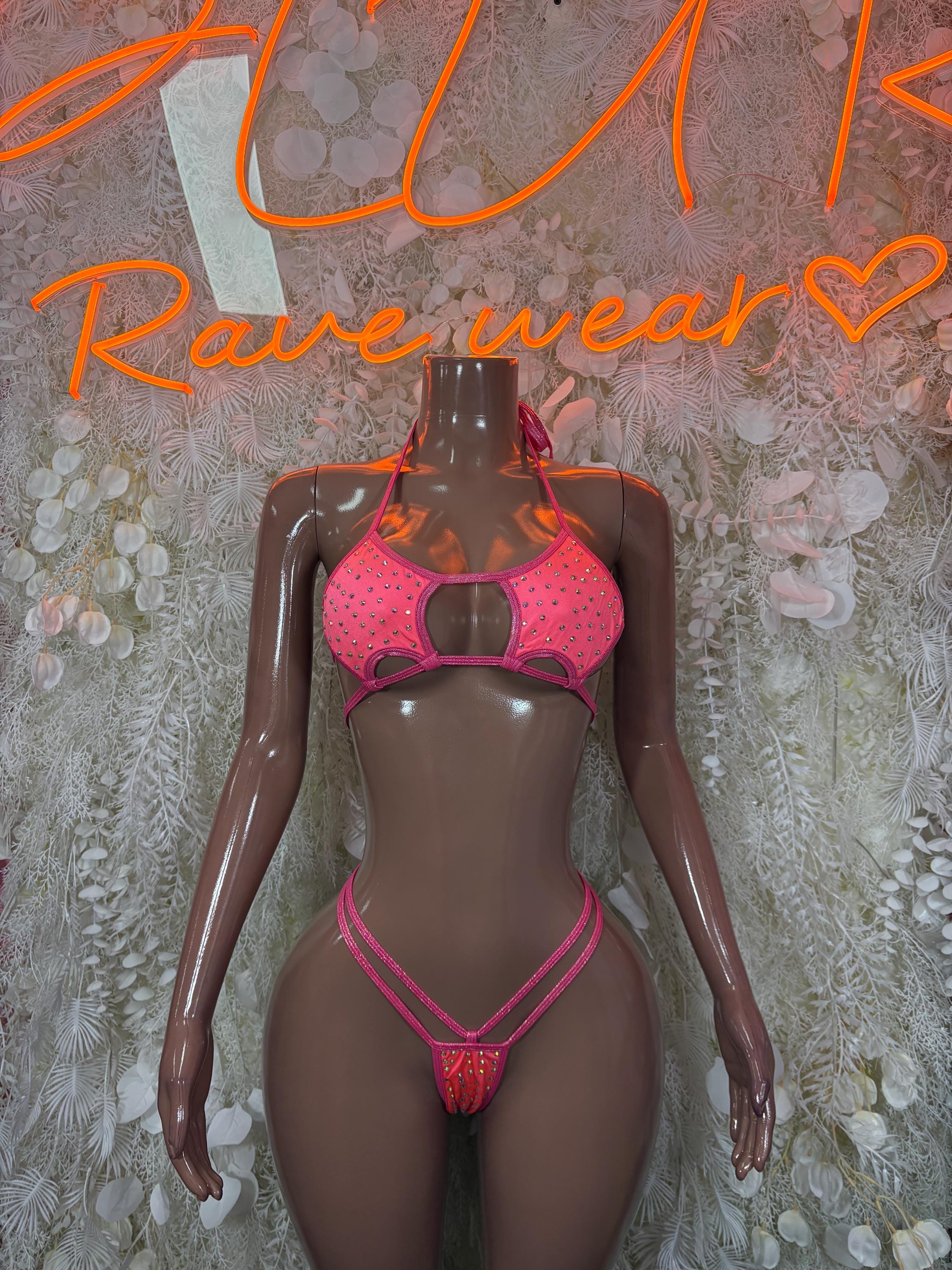 Coral rhinestone bikini set with strappy triangle bra and matching thong bottoms