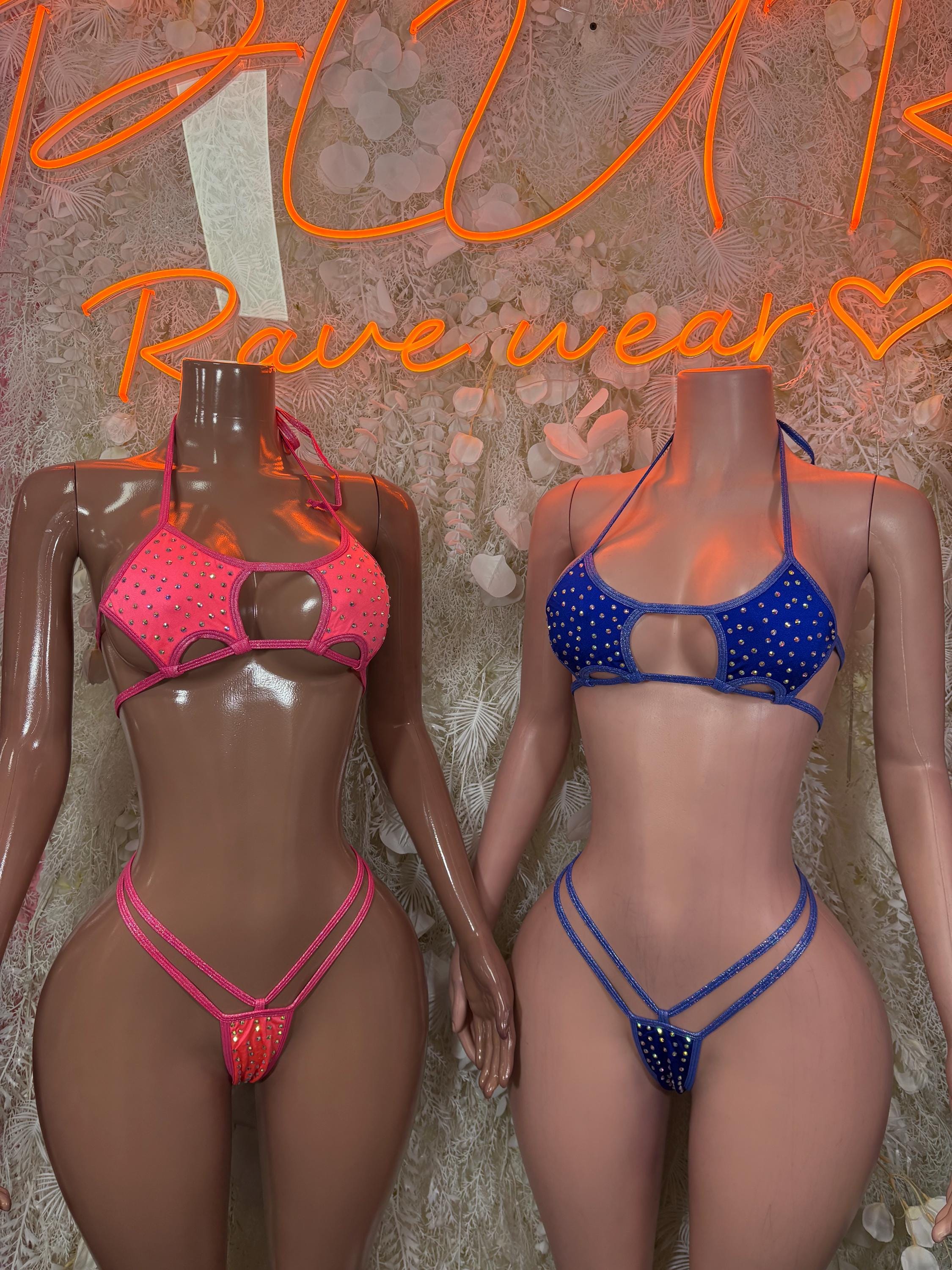 Two rhinestone bikini sets: coral and blue, each with strappy triangle bra tops