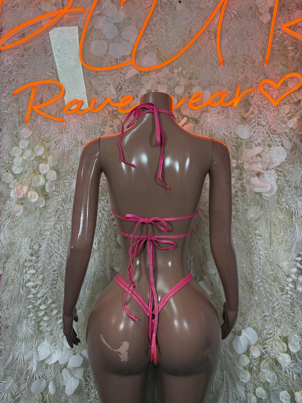 Pink rhinestone bikini set with open-back crisscross tie and matching thong