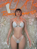 White rhinestone triangle bikini set with jeweled halter top and strappy hip bottoms