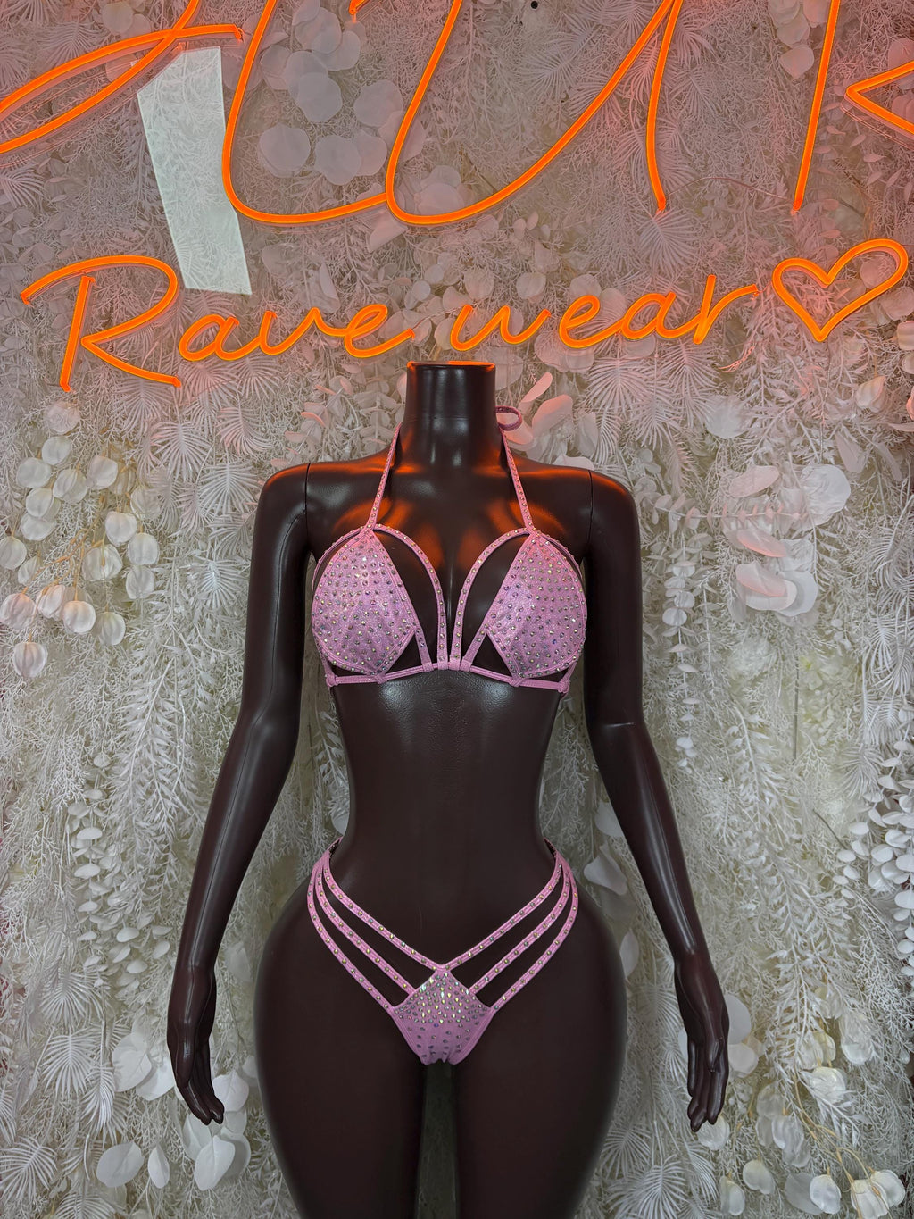 Pink rhinestone two-piece bikini set with triangle bra and strappy high-cut bottoms