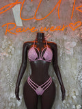 Pink rhinestone two-piece bikini set with triangle bra and strappy high-cut bottoms