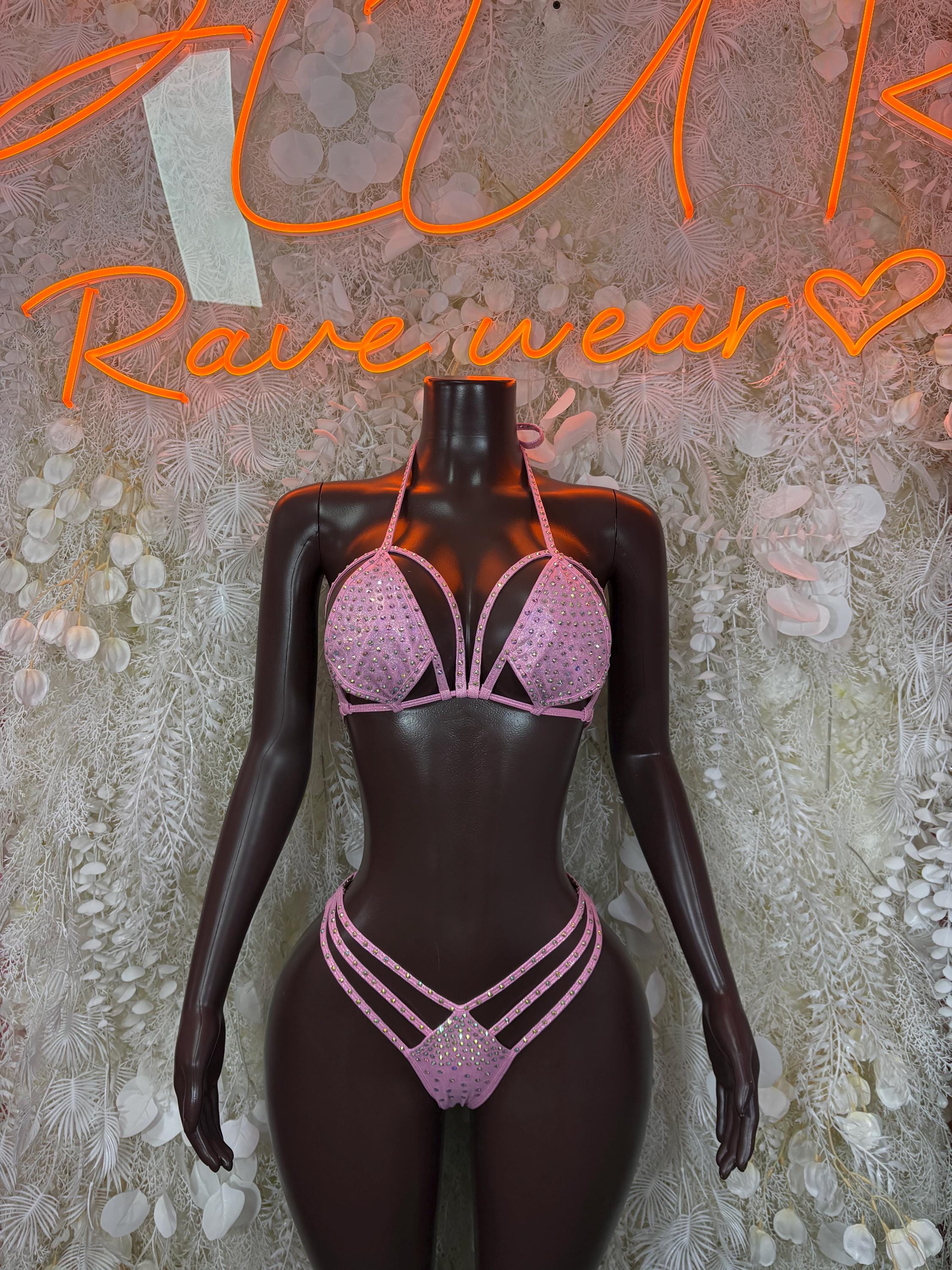 Pink rhinestone two-piece bikini set with triangle bra and strappy high-cut bottoms