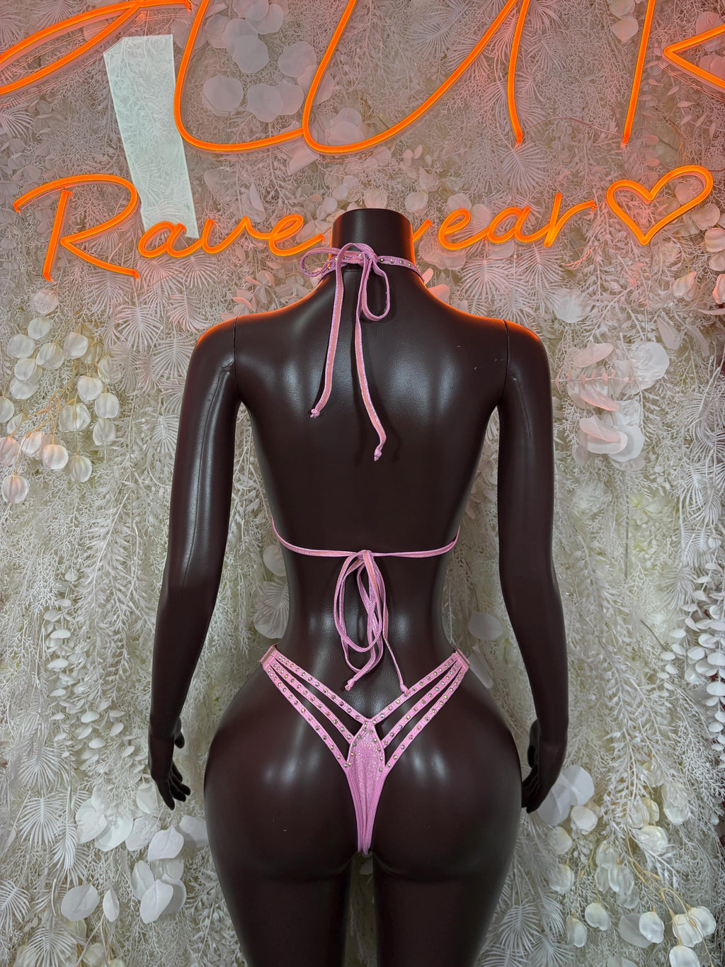 Pink rhinestone two-piece bikini set, back tie strings and high-cut thong bottoms