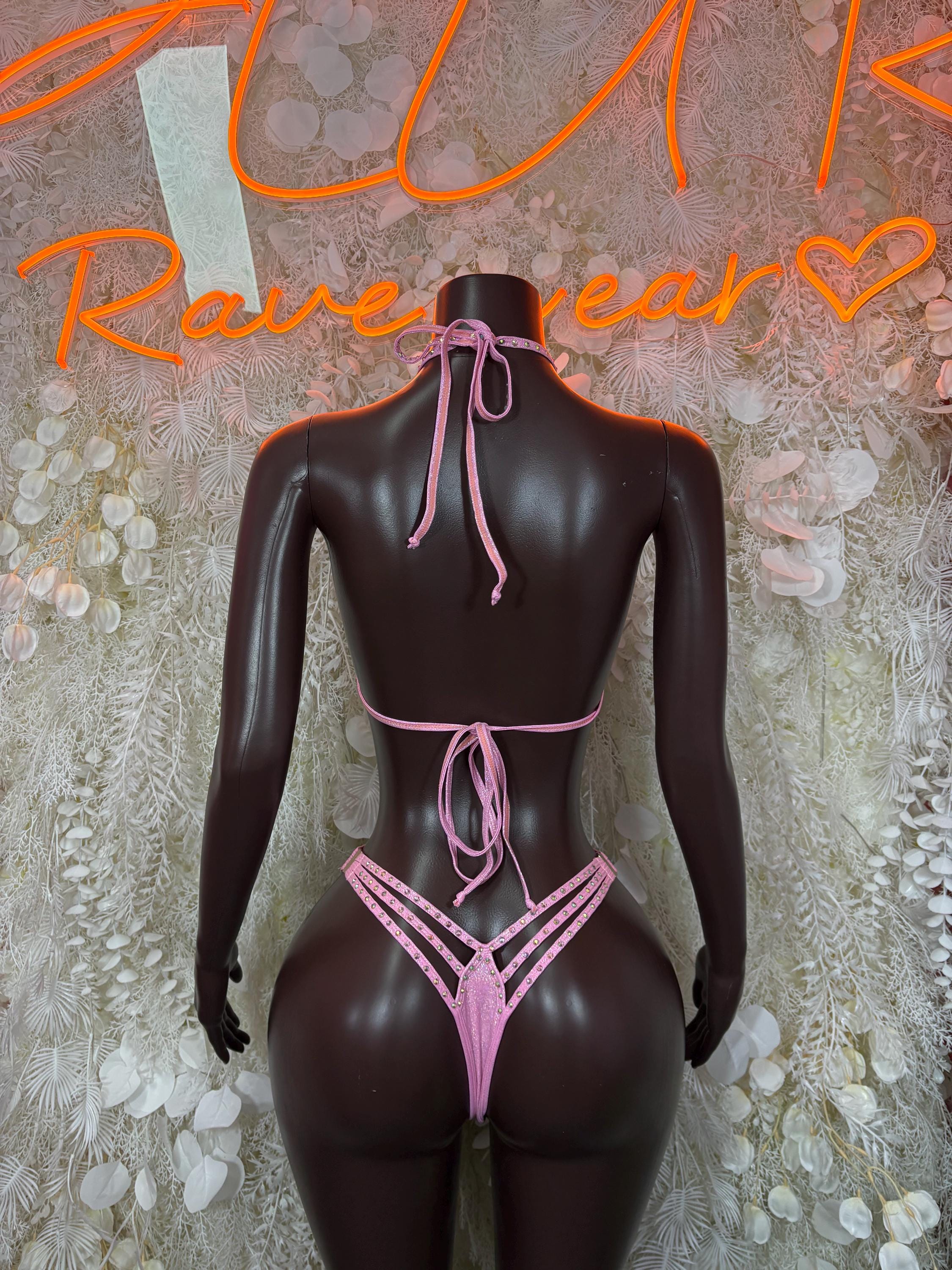 Pink rhinestone two-piece bikini set, back tie strings and high-cut thong bottoms