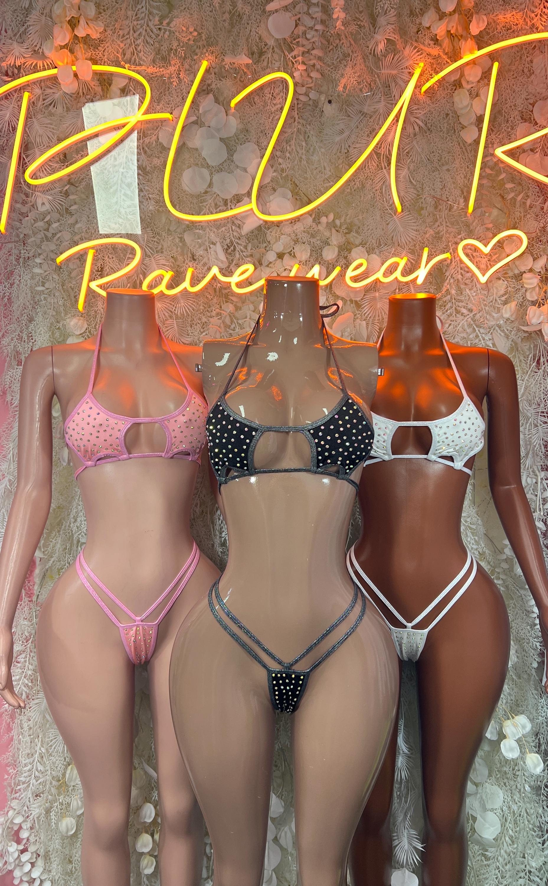 Rhinestone bikini sets: pink, black, and white with matching high-cut bottoms