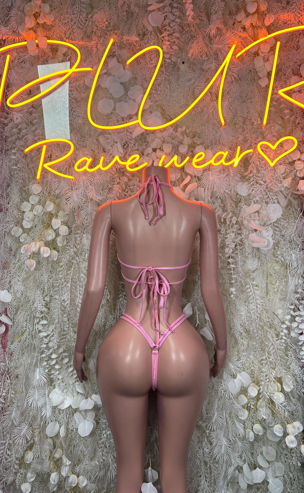 Pink rhinestone bikini set with triangle bra and tie-back detail, back view