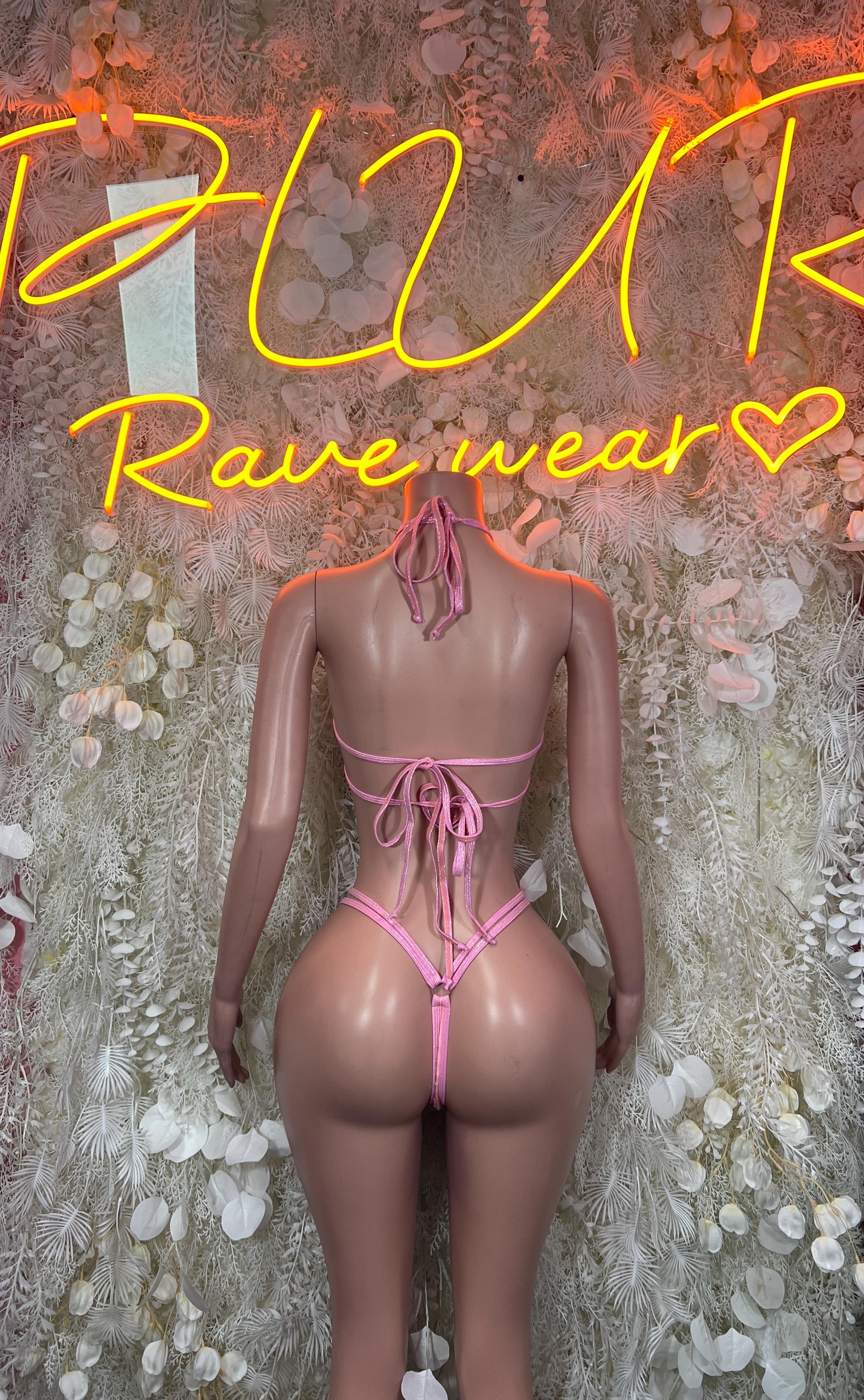 Pink rhinestone bikini set with triangle bra and tie-back detail, back view
